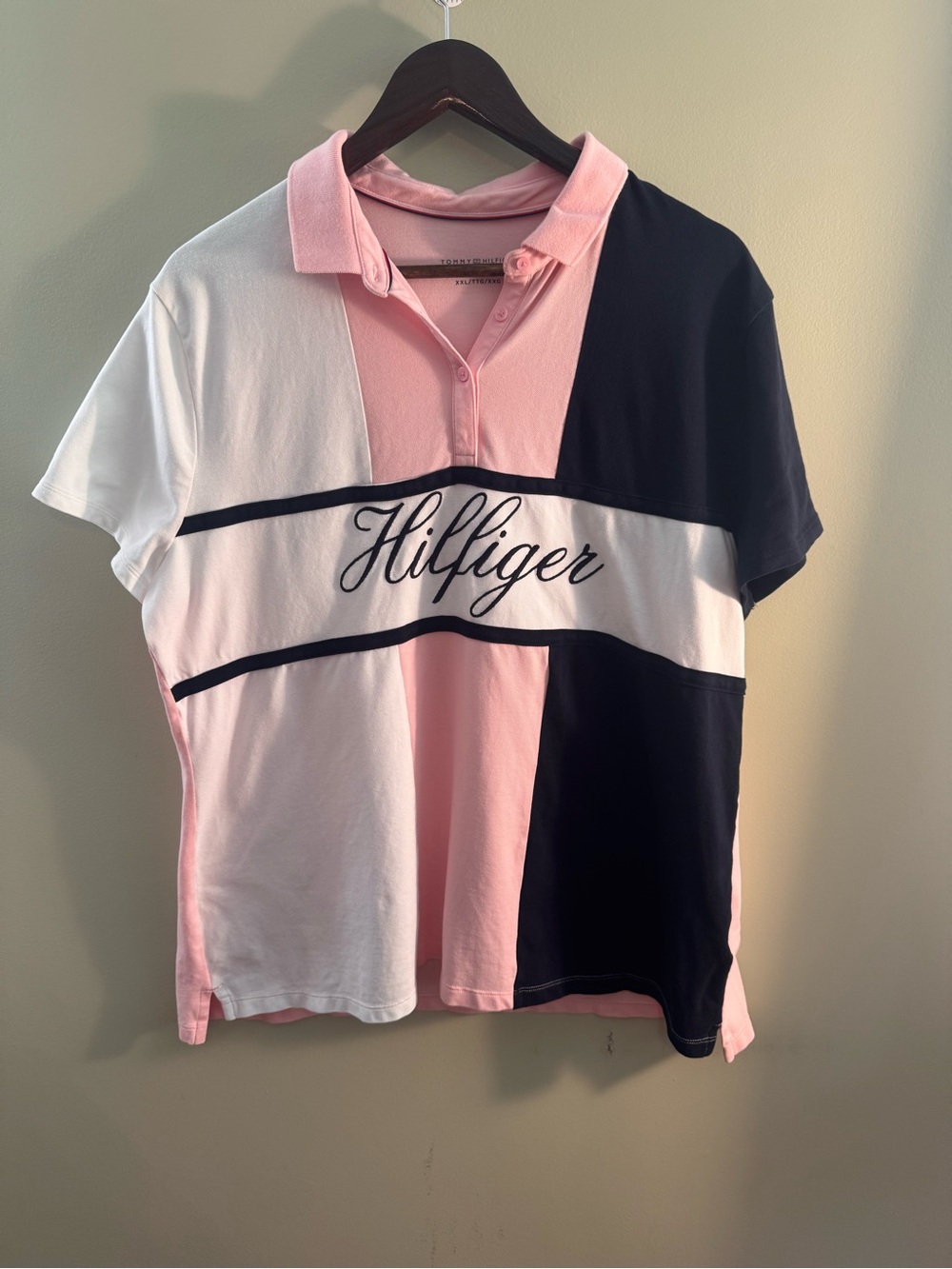 Tommy Hilfiger Script Logo Colorblock Pique Polo Shirt Pink Black White XXL